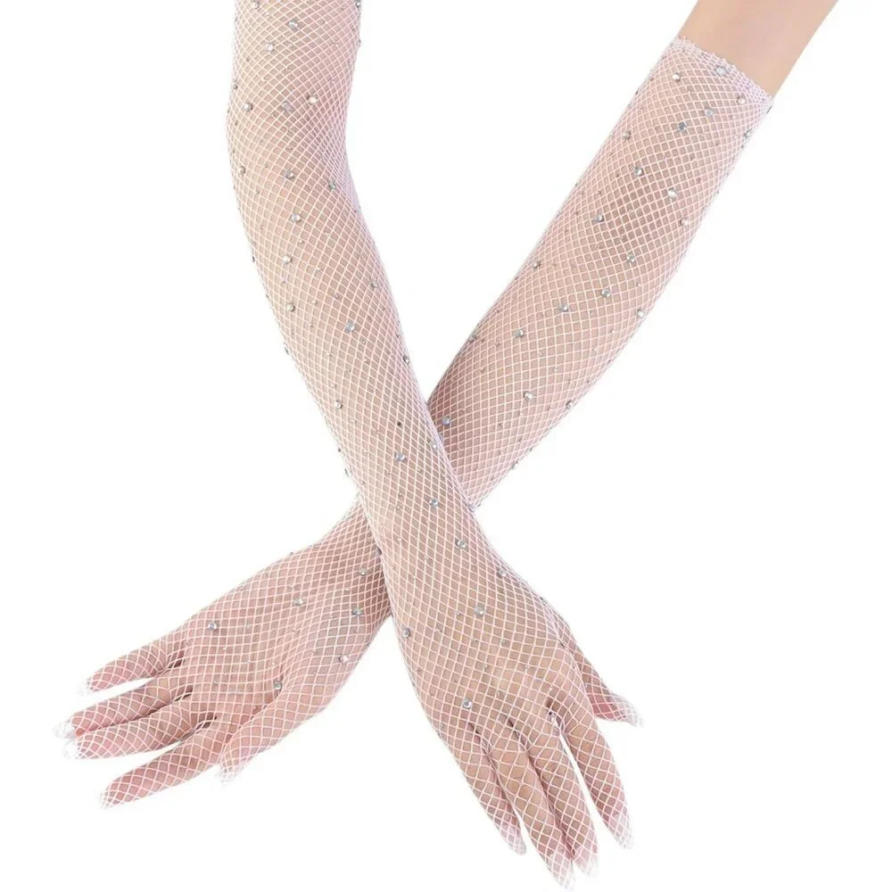Women's Glitter White Rhinestone Elbow Length Long Gloves Halloween Party